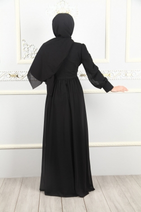 Düğme Detaylı Kiloş Tesettür Abiye Elbise Siyah