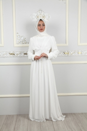 Prenses Kiloş Tesettür Abiye Elbise Beyaz