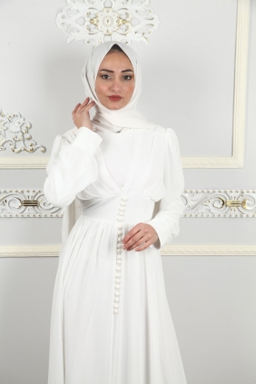 Prenses Kiloş Tesettür Abiye Elbise Beyaz